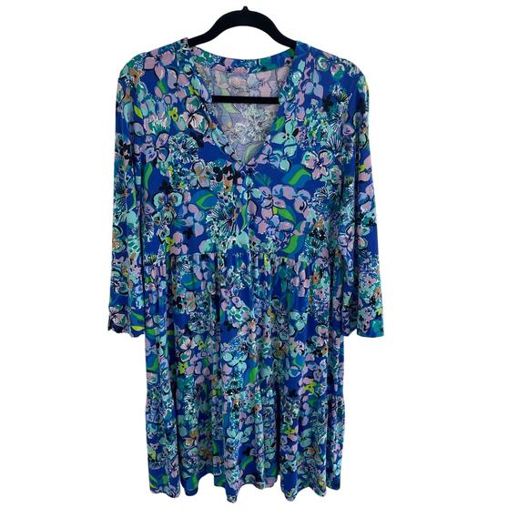 Lilly Pulitzer Alaina 3/4 Sleeve Dress Blue Grotto Twilight Tropics Print Large - Picture 2 of 8